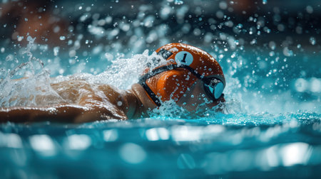 Close-up of a competitive swimmer in a cap and goggles creating a splashの素材