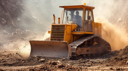 Bulldozer in Action at Construction Site Moving Earth and Dustの素材