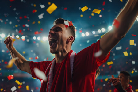 Triumphant Soccer Fan Celebrating at Stadium with Confettiの素材