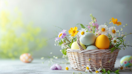 A wicker basket filled with painted Easter eggs amidst a burst of daisy blooms and soft spring lightの素材