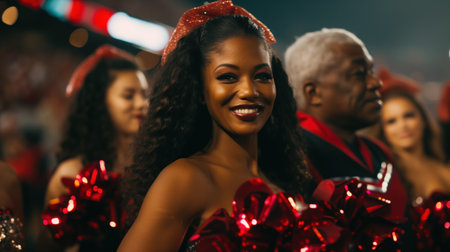 Radiant Cheerleader with Pom-Poms Smiling at Sports Eventの素材