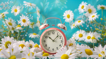 Vintage alarm clock surrounded by vibrant daisies against a blue backdrop. Spring Time Concept with Alarm Clockの素材