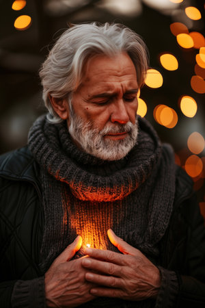 Elderly Man Clutching Chest in Discomfort Against Winter Backdropの素材