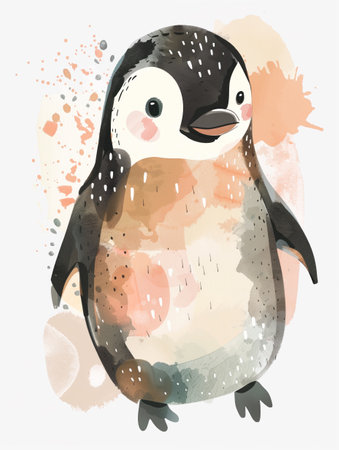 Adorable watercolor penguin chick illustration with splashes of colorの素材