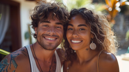 Joyful young couple with tattoos sharing a sunny embrace outdoorsの素材