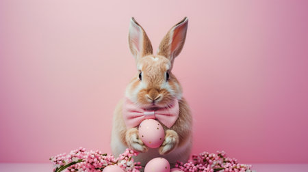 Easter bunny with a pink bow tie and pastel eggs on a pink backdropの素材