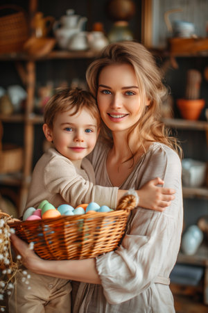 Mother and child sharing a joyful moment with an Easter egg basketの素材