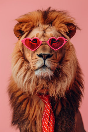 Stylish lion wearing heart-shaped sunglasses and a red tieの素材