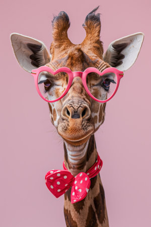 Giraffe in pink heart-shaped glasses and polka dot bow tie on pinkの素材