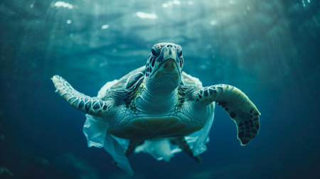 Sea turtle gliding through ocean water with plasticの素材