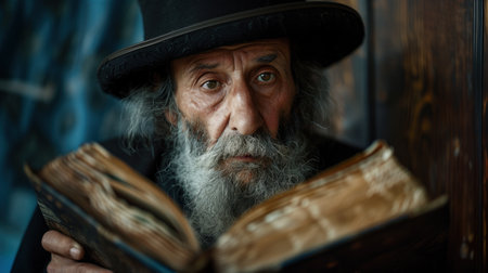 Elderly man with a captivating gaze reading an ancient bookの素材