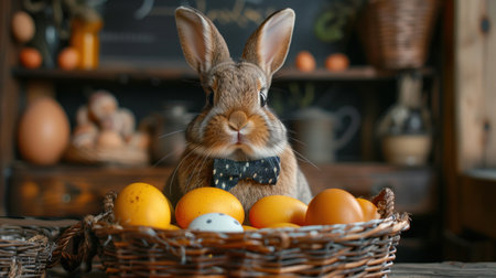 Dapper Easter bunny with yellow eggs in rustic settingの素材