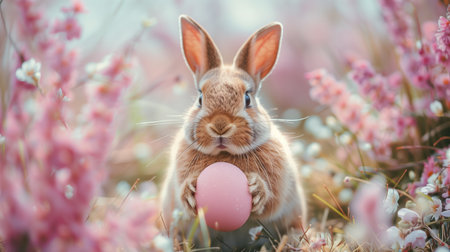 Enchanting Easter bunny with a pastel egg amidst spring blossomsの素材