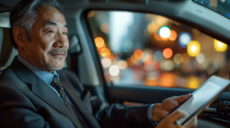 Senior businessman using tablet in car during night commuteの素材