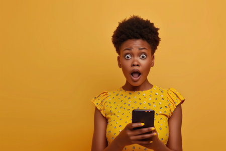 Surprised young woman reacting to smartphone content on yellow backgroundの素材