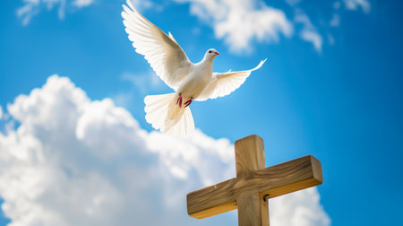 Peaceful dove flying over a wooden cross against blue skyの素材
