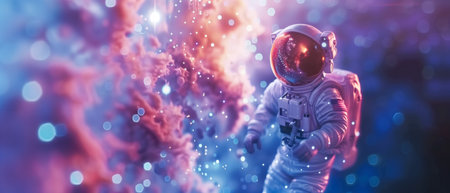 An astronaut floats before a vibrant nebula surrounded by a surreal dance of light and color in the vastness of spaceの素材