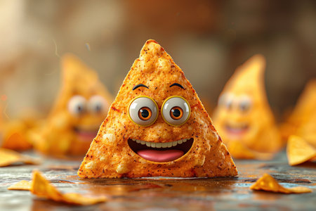 Cute Animated Tortilla Chip Character with a Big Smile on a Tableの素材