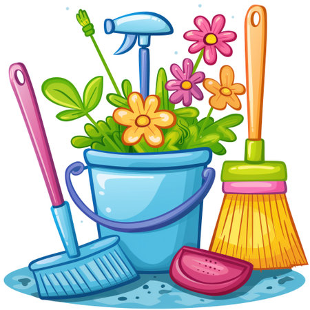Colorful cartoon cleaning and gardening tools with flowers in a cheerful spring settingの素材