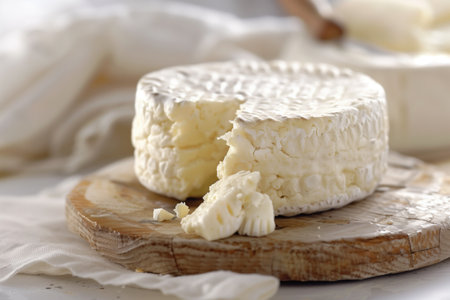 Artisanal soft goat cheese on a rustic wooden board with textured white backgroundの素材