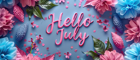 Vibrant Hello July greeting with colorful flowers and decorative elements on a blue backgroundの素材