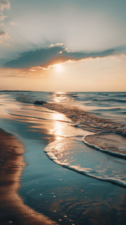 Glowing sunrise over calm ocean waves at the beach with sunrays piercing through cloudsの素材