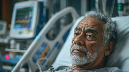 Contemplative middle-aged man in a hospital bed with medical equipment aroundの素材