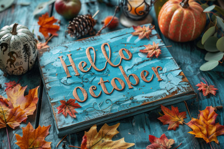 Welcoming autumn with a Hello October sign amidst fall leaves and pumpkins on a rustic wooden backgroundの素材