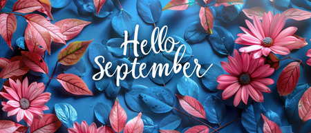 Vibrant Hello September message with colorful autumn leaves and flowers on a blue backgroundの素材