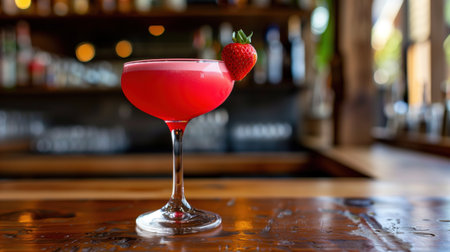 Strawberry cocktail with elegant presentation served on a bar counterの素材