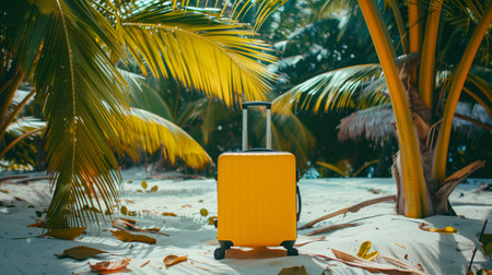 Yellow suitcase standing amidst tropical paradiseの素材