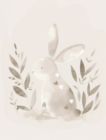A charming sepia-toned illustration of a bunny among delicate foliage ideal for nursery walls or gentle storytelling visualsの素材
