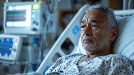 Reflective senior African American man lying in a hospital bed with medical equipment in the backgroundの素材