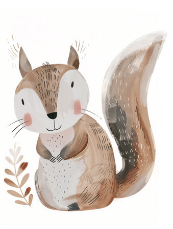 Charming illustrated smiling squirrel with a bushy tail and soft autumn colorsの素材