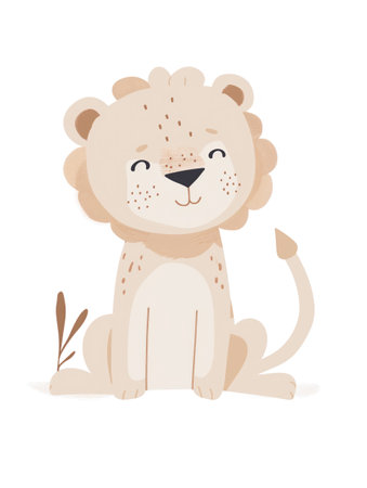 Adorable illustrated lion cub sitting with a joyful expression and soft neutral tonesの素材