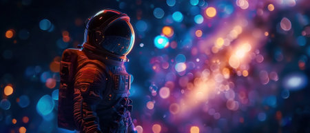 Astronaut in spacesuit with a backdrop of ethereal cosmic lights and bokeh effectsの素材