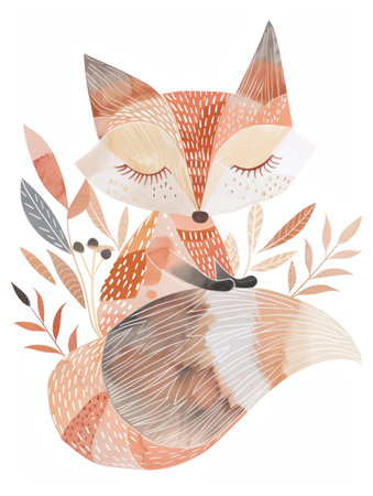 Serene fox illustration with autumnal botanical elements and textured detailの素材