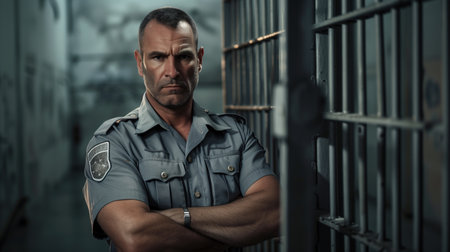Serious correctional officer standing guard in prison hallwayの素材
