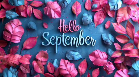 Hello September. Vibrant Autumn Leaves Typography on Cool Blue Backgroundの素材