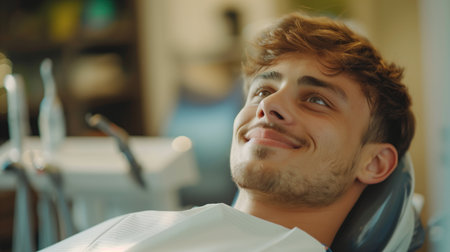 Smiling young man relaxed in dentist chair during a check-upの素材