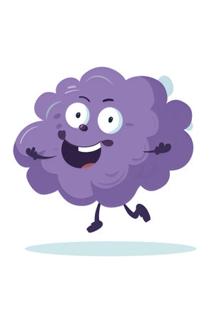 Cheerful purple cloud character floating with a joyful expressionの素材