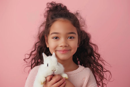 Smiling young girl holding a white rabbit against a pink backgroundの素材