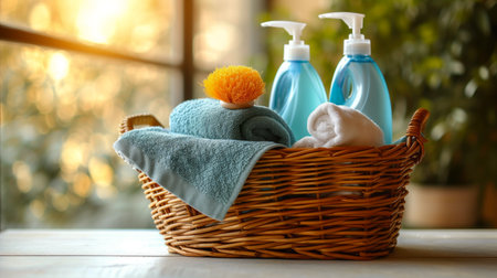 Spa essentials with towels and lotions in a wicker basketの素材
