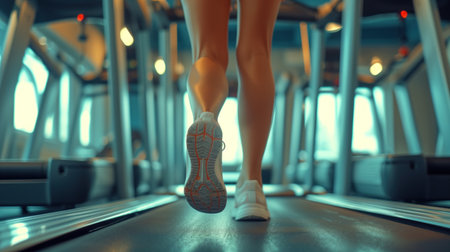 Close-up of a runner's feet on a treadmill in motionの素材