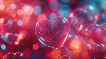 Glowing heart-shaped bubble amidst a flurry of colorful bokehの素材