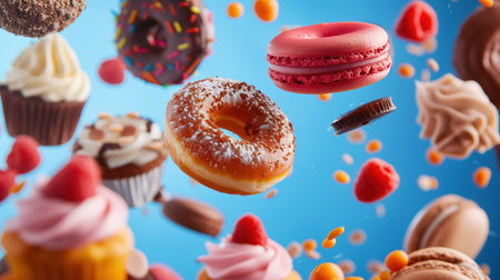 A whimsical array of flying desserts against a blue backdrop, a dreamy treat for the sweet toothの素材