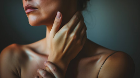 Aesthetic close-up of a graceful woman touching her neck, symbolizing beauty and self-careの素材