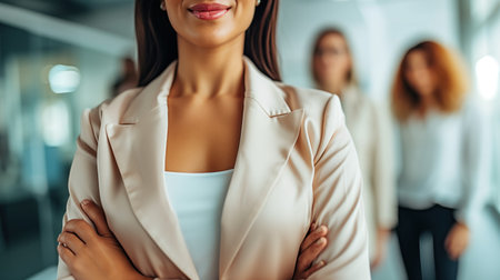 Focused on a poised woman in a beige blazer with her arms crossed, embodying confidence and leadership in a professional setting, with colleagues in the backgroundの素材