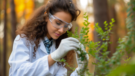 A focused female scientist in a lab coat and protective goggles examines plant samples in a natural settingの素材