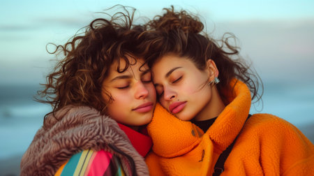 Tender moment between two young women sharing an affectionate embrace outdoorsの素材